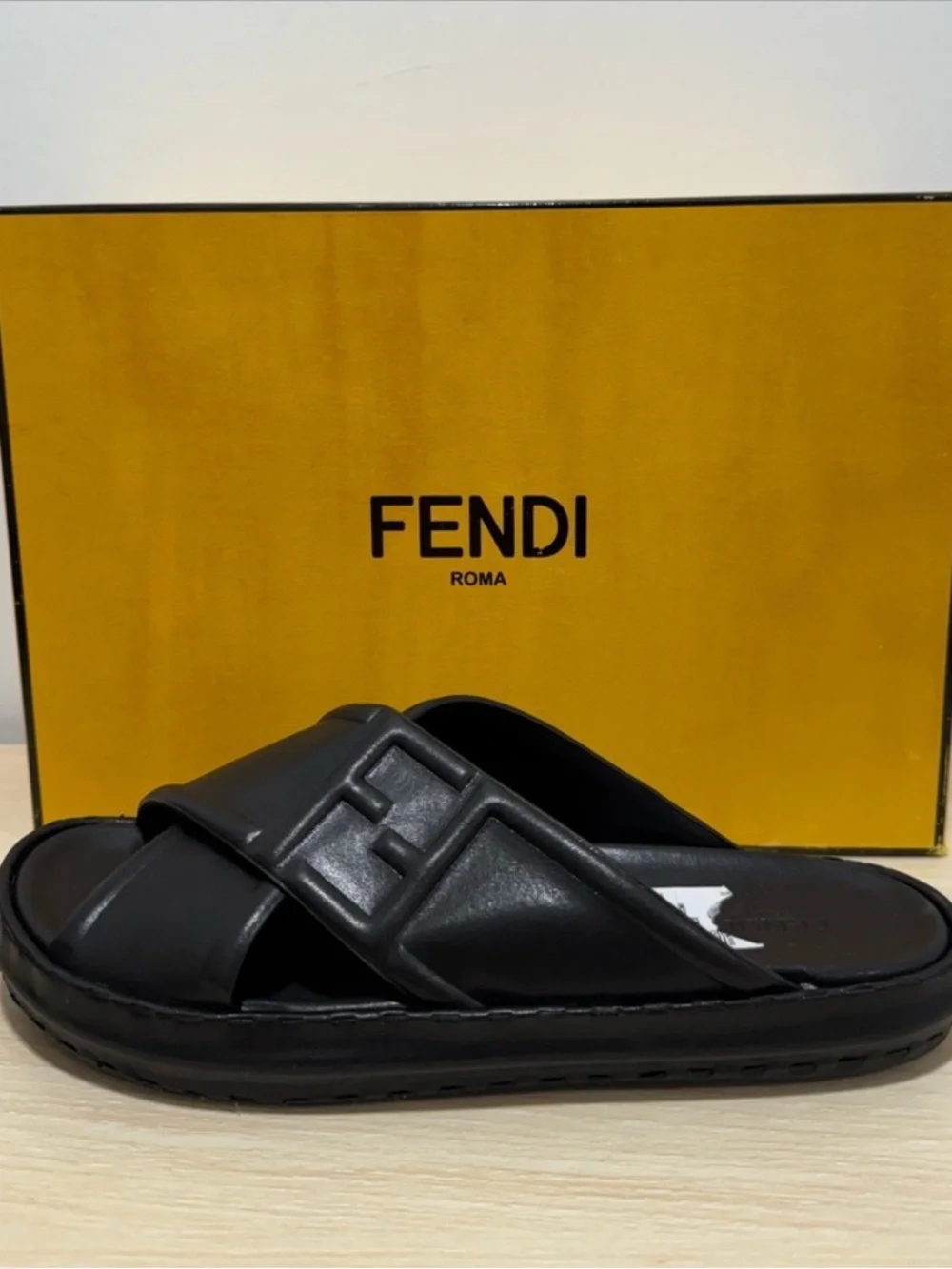 Fendi Black Leather Cross-strap Slide Sandals